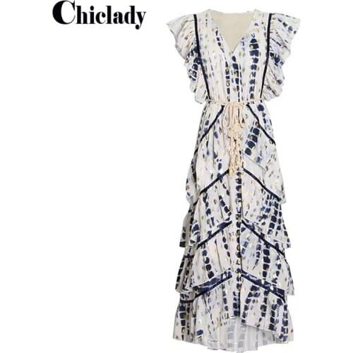 CHICLADY designer style runway luxury dress for women ruffles v-neck summer single breasted asymmetrical party beach dresses new