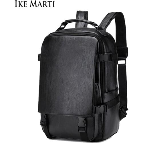 IKE MARTI Men New Pu Leather Waterproof Backpack Casual Bag 2021 15.6in Laptop Backpack Male Large Capacity Business Backpack