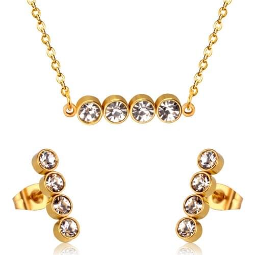 316L Stainless Steel Four-round Frame With Zircon Composed Of One-line Pendant Necklace Earrings Set With Chain No Fade