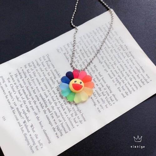 Korea Colorful Smiling Face Sunflower Pendant Necklace For Women Men Alloy Cable Chain Necklace Party Jewerly