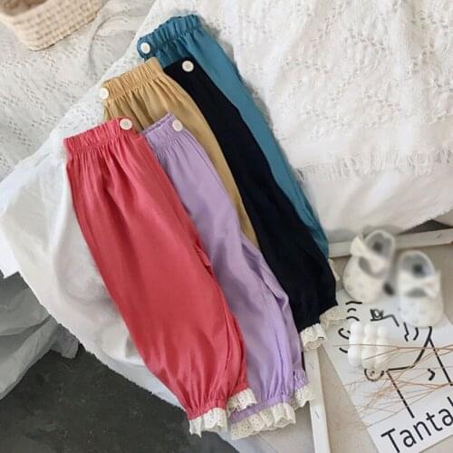 Summer Cotton Thin Breathable Lace Floral Kid pants Candy Color Cotton Pants Children Girl Prevent Mosquito Pants Autumn Fall