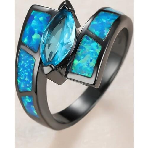 Trendy Female Aqua Blue Leaf Crystal Ring Charm 14KT Black Gold Wedding Rings For Women Cute Bride Geometry Opal Engagement Ring