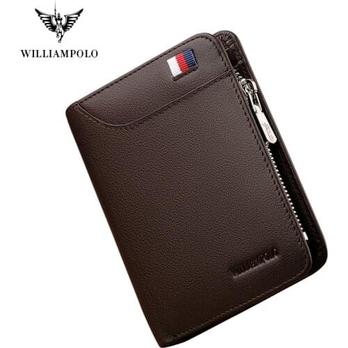 WilliamPOLO Men Wallet Short Credit Card Holder Genuine Leather Organizer Multi Card Case Coin Cash Purse with Zipper Pocket New