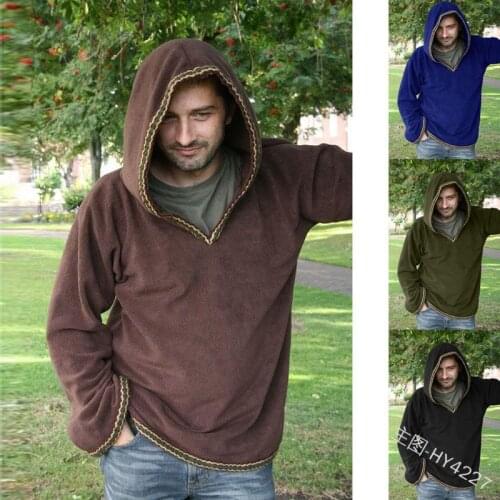 Men Vintage Loose Pullover Hoodies Plus Size Hooded Medieval Costume Clothing Historical Elven Hoodie Larp Garb Middle Ages Viki