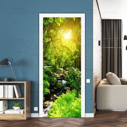 DIY Door Sticker Sunrise Forest Landscape Decals Mural 3D Selfadhesive Waterproof Paper Poster For Print Art Picture Home Decor