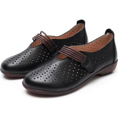 2020 New Round Toe Breathable Hollow Women Shoes Top Soft Cowhide Leather Sandals Casual Large Size Fashion Elegance Flat Shoes