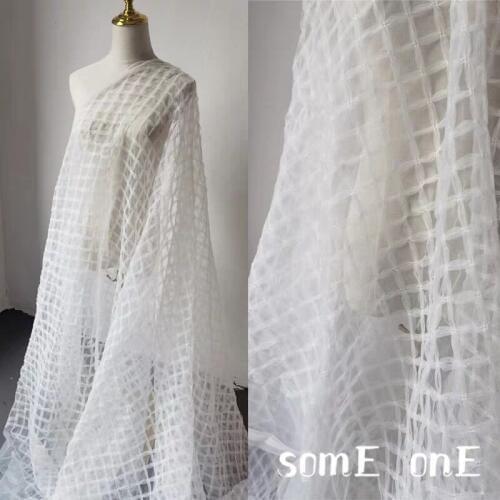 New Checkered Mesh Tulle Fabric White Stereo DIY Patchwork Skirt Gown Perspective Wedding Dress Lace Designer Fabric 50*120cm