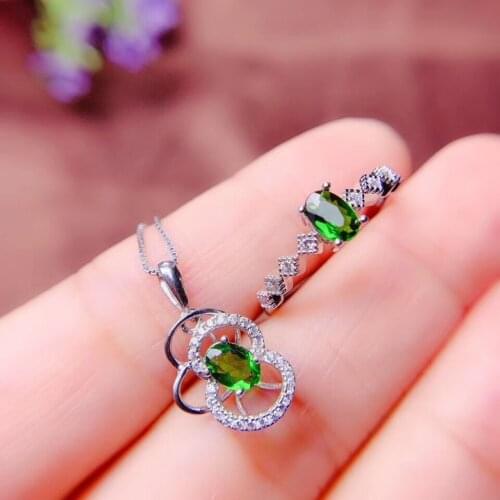 Charming green diopside gemstone ring and necklace jewelry set oval natural gem clear color cost effective girl birthday gift
