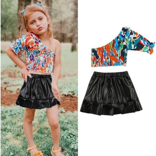1-5 Years Fashion Kids Girls Clothes Set Chic Print Ruffle One Shoulder T-shirt High Waist PU Leather Skirt Summer Clothing