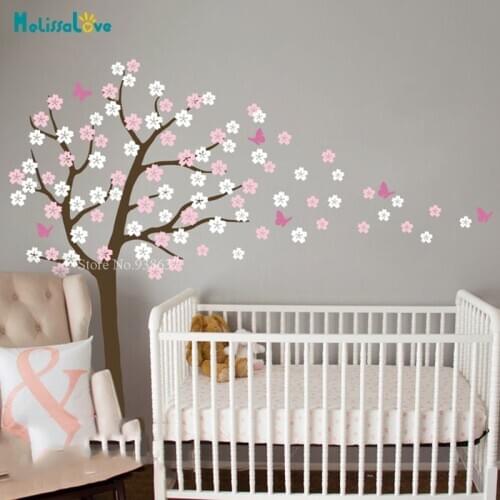 Popular Spring Tree Sticker Nursery Decal Kids Baby Room Decor Flying Butterflies Cherry Blossom Vinyl Wall Stickers BB037