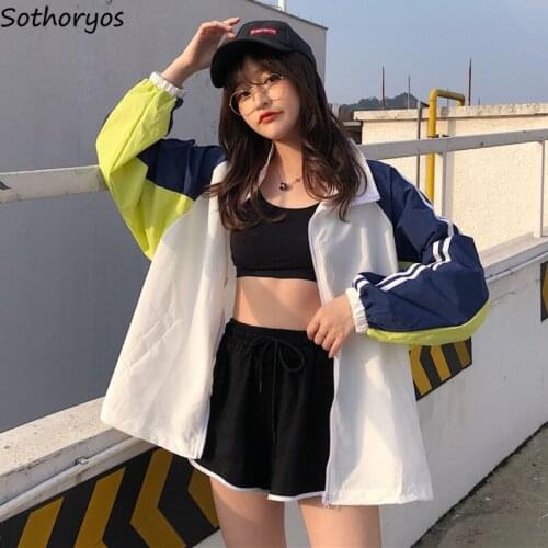 Casual Jackets Women Spring Patchwork Loose Harajuku Couples Long Sleeve Outerwear Sun-proof Workout Zipper Students Chic Coats