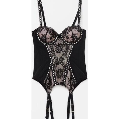 Retro Hollow Push-up Corset Black Mesh Lace Flower Lingerie Ladies Gothic Underwear Corset Stitching Mesh Jumpsuit Sexy Corset