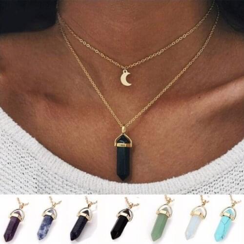 Hexagonal Cylindrical Quartz Necklace Pendant Fashion Double Moon Crescent Natural Stone Bullet Crystal Pendant Female Jewelry
