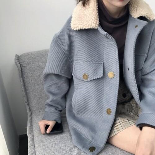 Corduroy woolen womens 2020 autumn and winter new Korean student small short woolen lamb fur collar coat