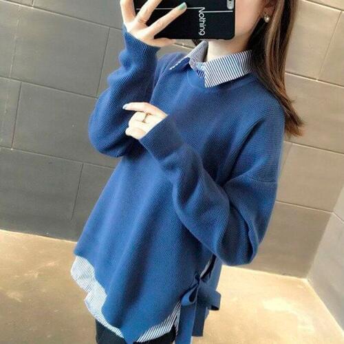 2020 Autumn Style Long Sleeve Blouse Shirt Women Tops Casual Striped Patchwork Two Pieces Women Blouses Loose sweater