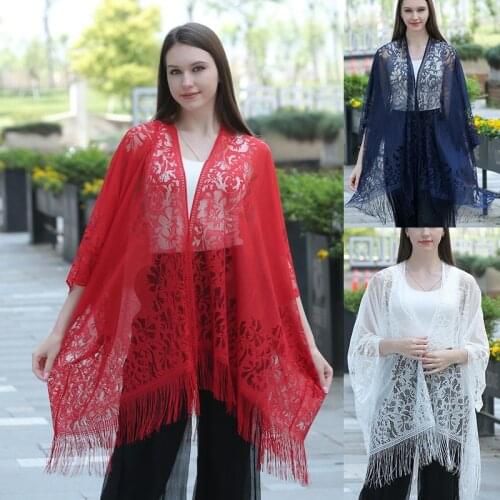 Womens Lace Tassel Kimono Fringe Cardigan Loose Blouse Beachwear Cover up Large Wrap Oversized Wedding Cape Evening Shawl Scarf