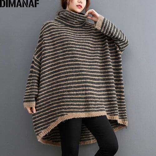 DIMANAF Autumn Winter Vintage Sweater Pullovers Tops Turtleneck Women Clothing Oversize Loose Casual Striped Lady Cotton Knitted