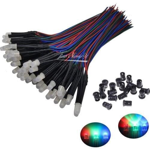 10-50pcs 5mm DC12V RGB Multicolor LED Emitting Diode Common Anode Cathode 20cm Round Pre-Wired LED With Plastic Holder DIY