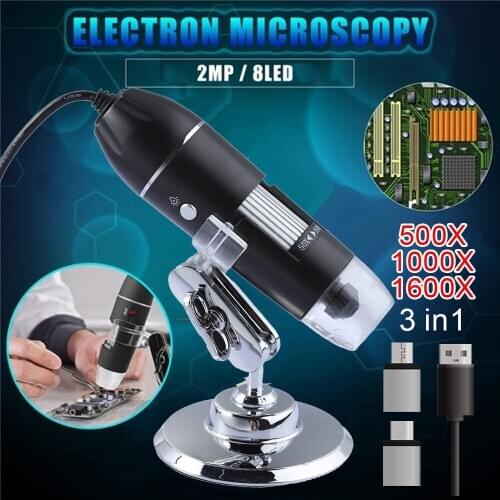 1600/1000/500X Microscope Handheld Portable Digital 3 In 1 USB Type-C Micro Interface Electron Microscopes With 8 LEDs Bracket