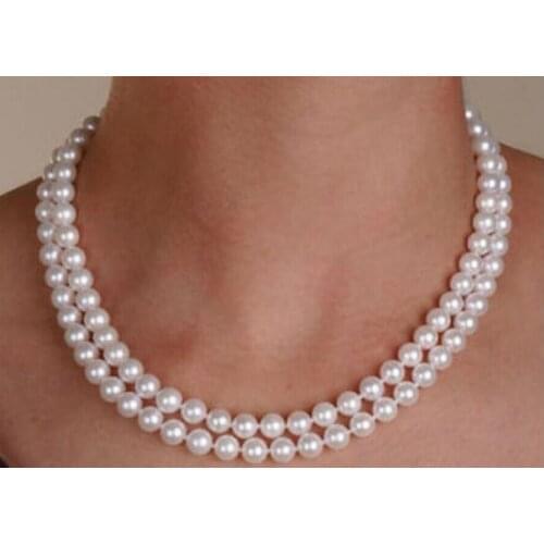 2 rows 9-10mm south sea round white pearl necklace 18"19" 925s