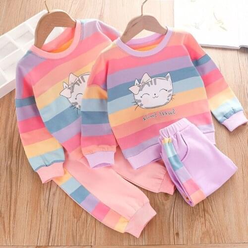 2PCs Kids Girls Rainbow Autumn Clothing Sets Cartoon Cat Printed Sweatshirt Pant Clothes Set