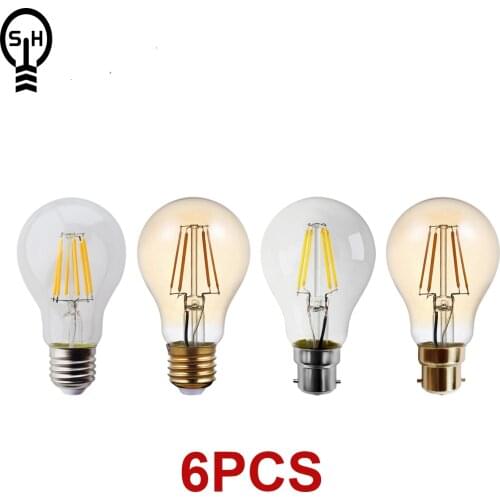6pcs/Lot Retro Edison Filament Bulb A60 6W Decor for Chrismas E27 B22 220V Vintage Lamp 2500K 4000K Home Decoration