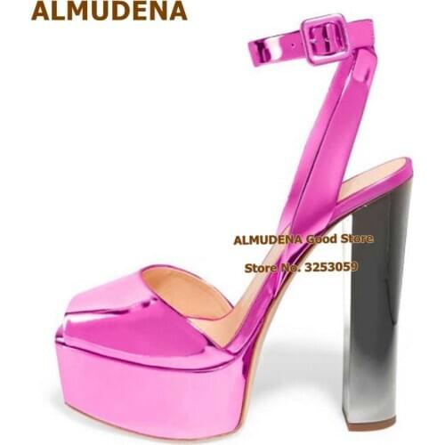 ALMUDENA Fuchsia Patent Leather Chunky Heels Platform Buckle Strap Sandals Open Toe Women Wedding Shoes Nighclub Dress Pumps