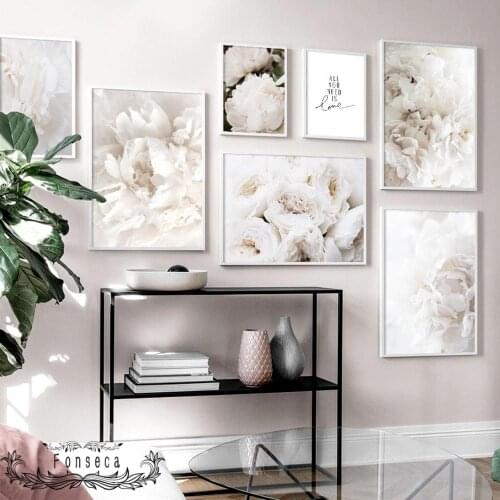 White Flower Eustoma Peony Canvas Painting All You Need Is Love Poster Wall Art Nordic Floral Pictures for Home Decoration