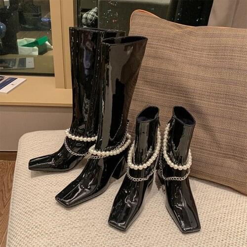 Brand Patent leather pearl chain high boots womens 2020 square head knights boots high heels boots thick HEELS SHORT BOOTS