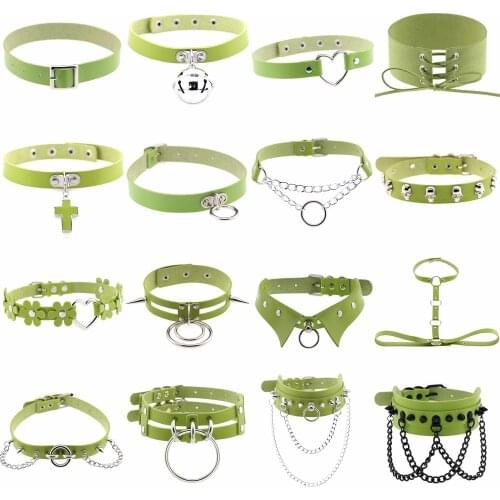 Punk Green PU Leather Rivets Choker Gothic Necklace Bondage Sexy Chains Collar Spike Rivets Slave Bondage Goth Egirl Jewelry