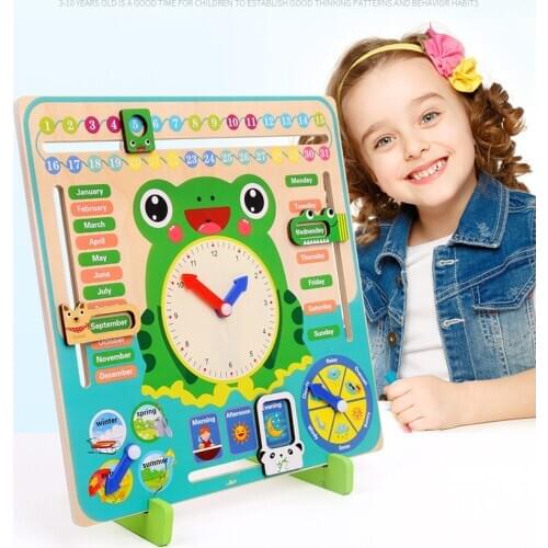 Montessori Wooden Clock Toys Weather Season Calendar Clock Time Cognition Puzzle Preschool Educational Teaching Aids Toys Kids