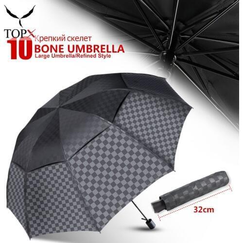 Double Layer Windproof Umbrella Rain Women Men 4Folding 10K Business Umbrellas Male Dark Grid Parasol Family Travel Paraguas