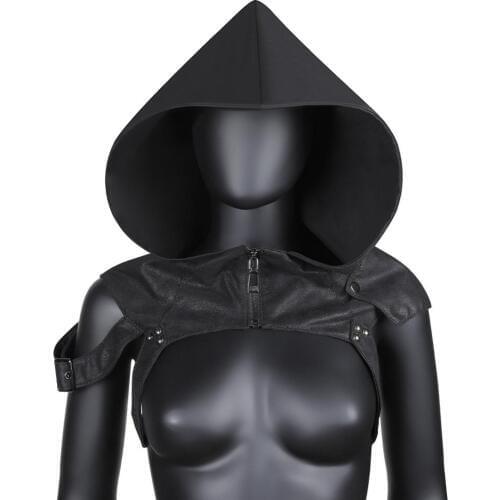 Unisex Black PU Leather Rock Gothic Hooded Jacket Steampunk Hat Vintage Headscarf Cosplay Prop Halloween Costume Accessories