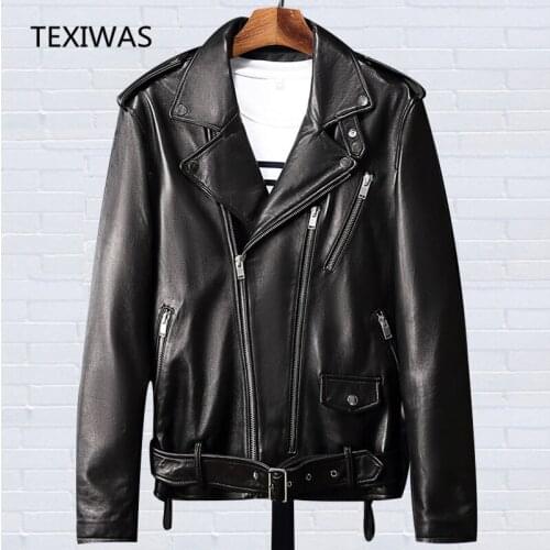 TEXIWAS Mens Sheepskin zip motorcycle real leather jacket coat male Genuine Leather jacket with belt Bomber Biker Coat Spring