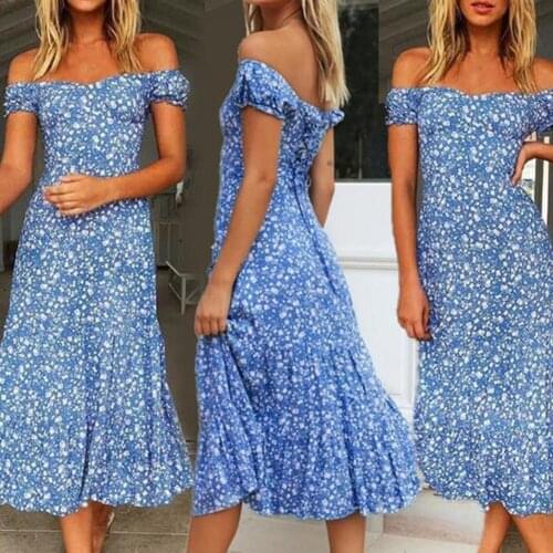 Summer Woman Dress 2021 Midi Dress Off Shoulder Print Lacing Slim Summer Midi Dress Sundress for Beach