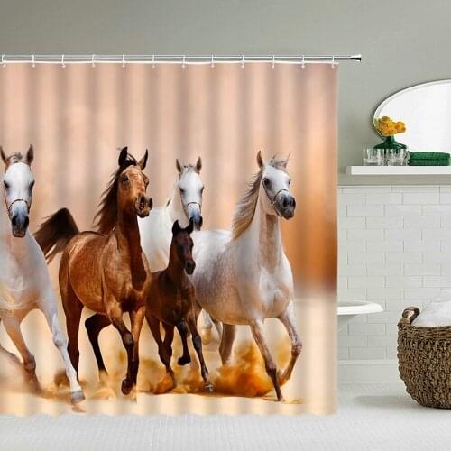 Horse Family Sand Beach Shower Curtain Grassland Farm Animals Bathroom Decor Accessories Waterproof Cloth Curtains With Hooks