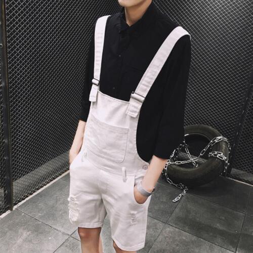 Summer New Korean version of the Mens Solid color Hole Jumpsuit Korean version of the summer Strap Shorts Mens Casual Shorts
