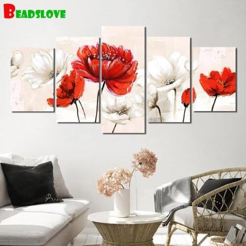 Diamond embroidery 5 piece set diy Diamond painting Red white peony Flower full drill square round Diamond mosaic kit