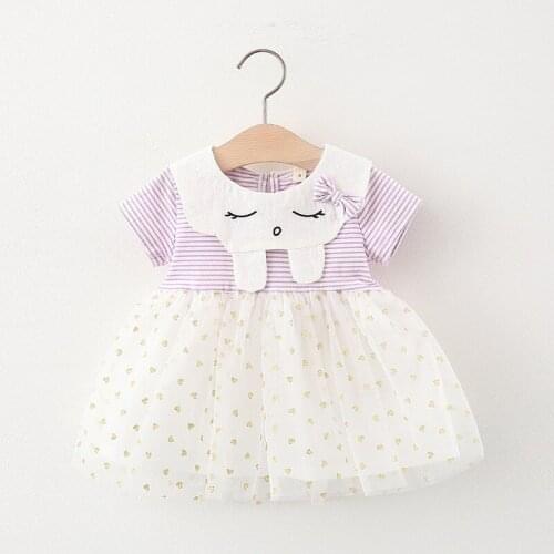 New Girls Dress Summer Baby Dress Cute Cartoon Rabbit Striped Short Sleeve Patchwork Mesh Tutu Princess Dress Baby Clothes 0-3Y