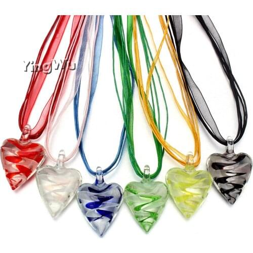 Yingwu Wholesale 6 Colors Glass Jewelry Wave Heart Murano Glass Pendant Lampwork Glass & Silk Rope Necklace 6pcs Lot