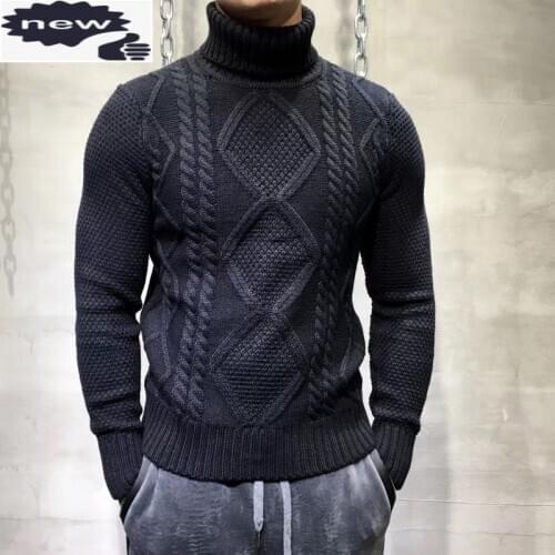 Autumn New Fashion Mens Turtleneck Sweater Jacquard Weave Knitted Tops Male Long Sleeve Slim Jumper Pullover Sweaters Knitwear
