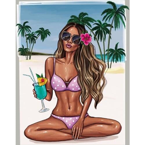 Palm Tree Girl Parches Transfers Tops Appliqued Diy Vinyl Fashion Heat Transfer Transfer Iron-On Stickers For T-Shirt Jeans