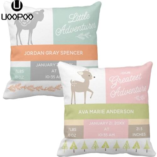 Personalized Pillow Case Boy and Girl Cute Woodland Deer Baby Green Pink Cushion Cover Polyester Customized Gift for Kids Birth
