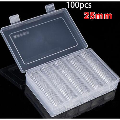 100pcs 25mm Clear Round Coin Capsule Container Storage Box gold copper coins Holder Portable Case Organizer Box for Coin Collect