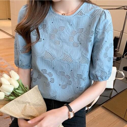 Korean Embroidery Shirts Female Summer White Blouse Short Sleeve Elegant Hollow Out Fashion Women Clothing 2021 New Blusas 14165