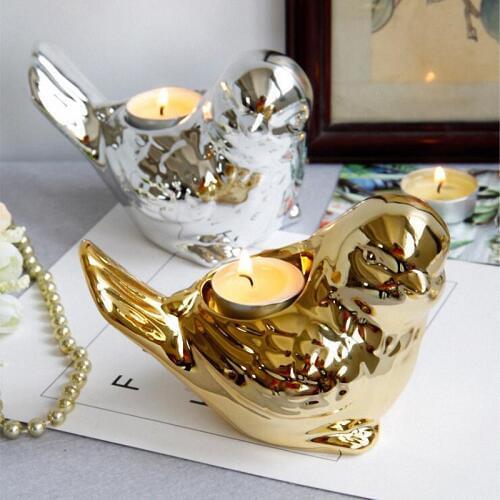PINNY Nordic Gold Plated Bird Candlestick Silver Ceramic Animal Candle Stand Home Decoration Accessories European Crafts