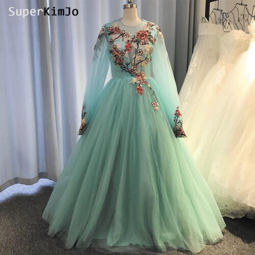 SuperKimJo Embroidery Applique Prom Dresses Long Sleeve Turquoise Blue Elegant Prom Gown 2019 Vestido De Gala