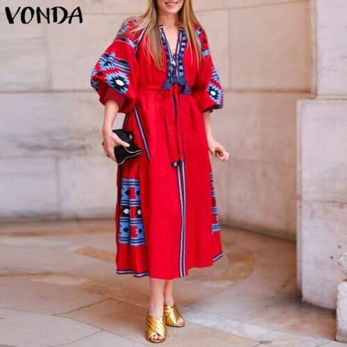 VONDA Women Vintage Maxi Dress Bohemian Printed Floral Party Dress 2021 Sexy V Neck Party Dress Robe Femme Vestidos