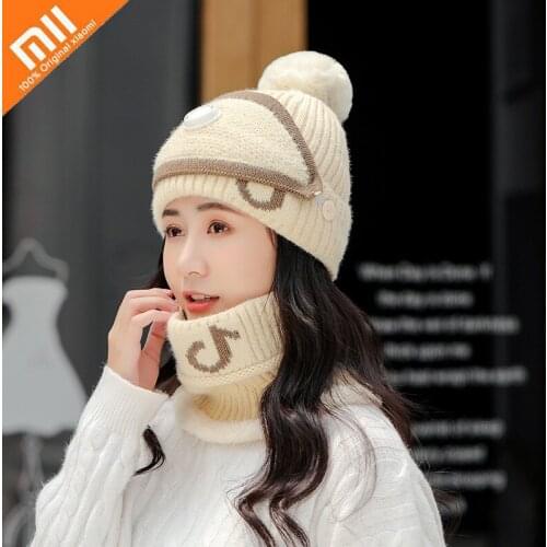 Xiaomi Knitted Hat Women Fashion Windproof Mask, Cap and Scarf Set Girl Ski Caps Winter Warm Plus Woolen Cap Lady Beanie Hats