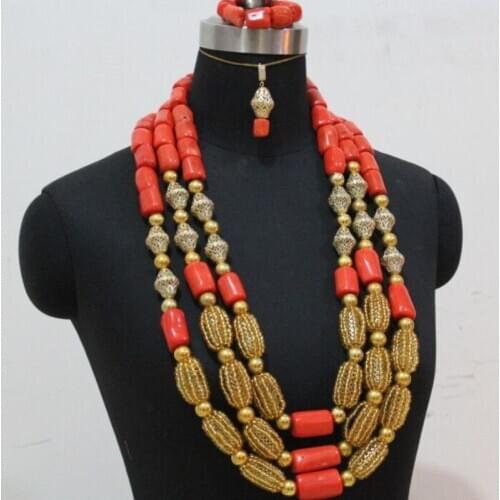 Dudo Bridal Jewelry Set Nature Coral 15-18mm Beads Nigerian Wedding Necklace Set With Crystal Handmade Balls High Quality Long